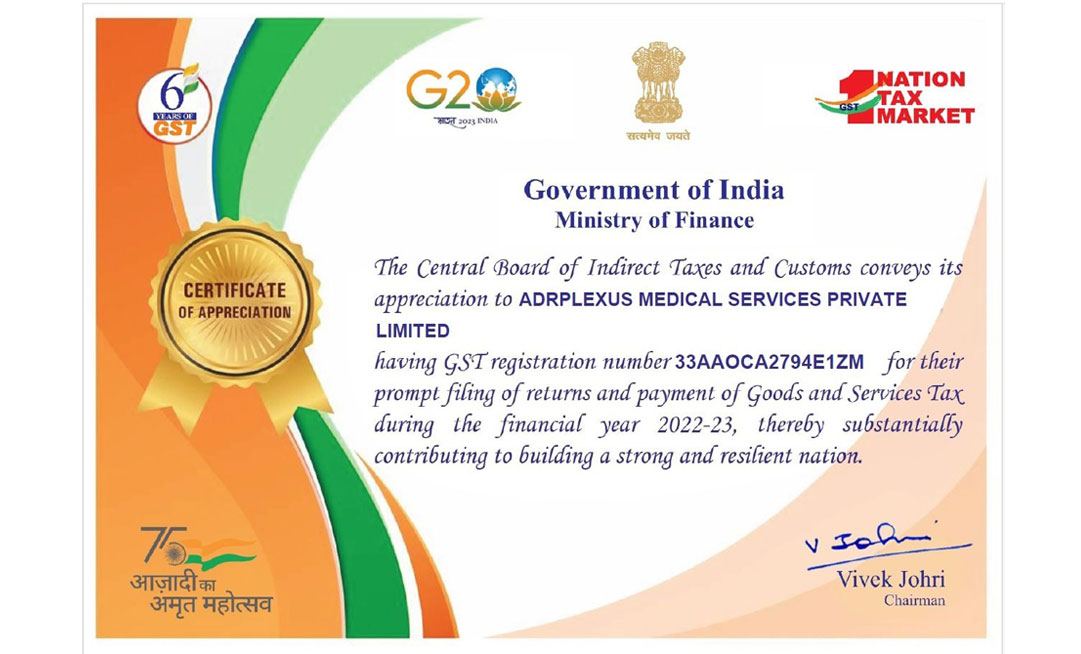 Recognizing Excellence: ADRPLEXUS MEDICAL SERVICES PRIVATE LIMITED Commended by the Central Board of Indirect Taxes and Customs